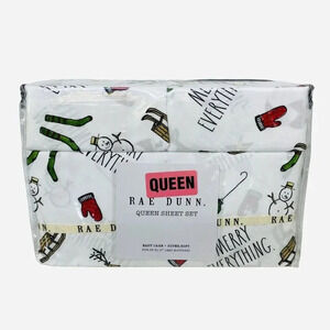 Rae Dunn Christmas Queen Bedsheet Set Sled Snowman Reindeer Santa Claus